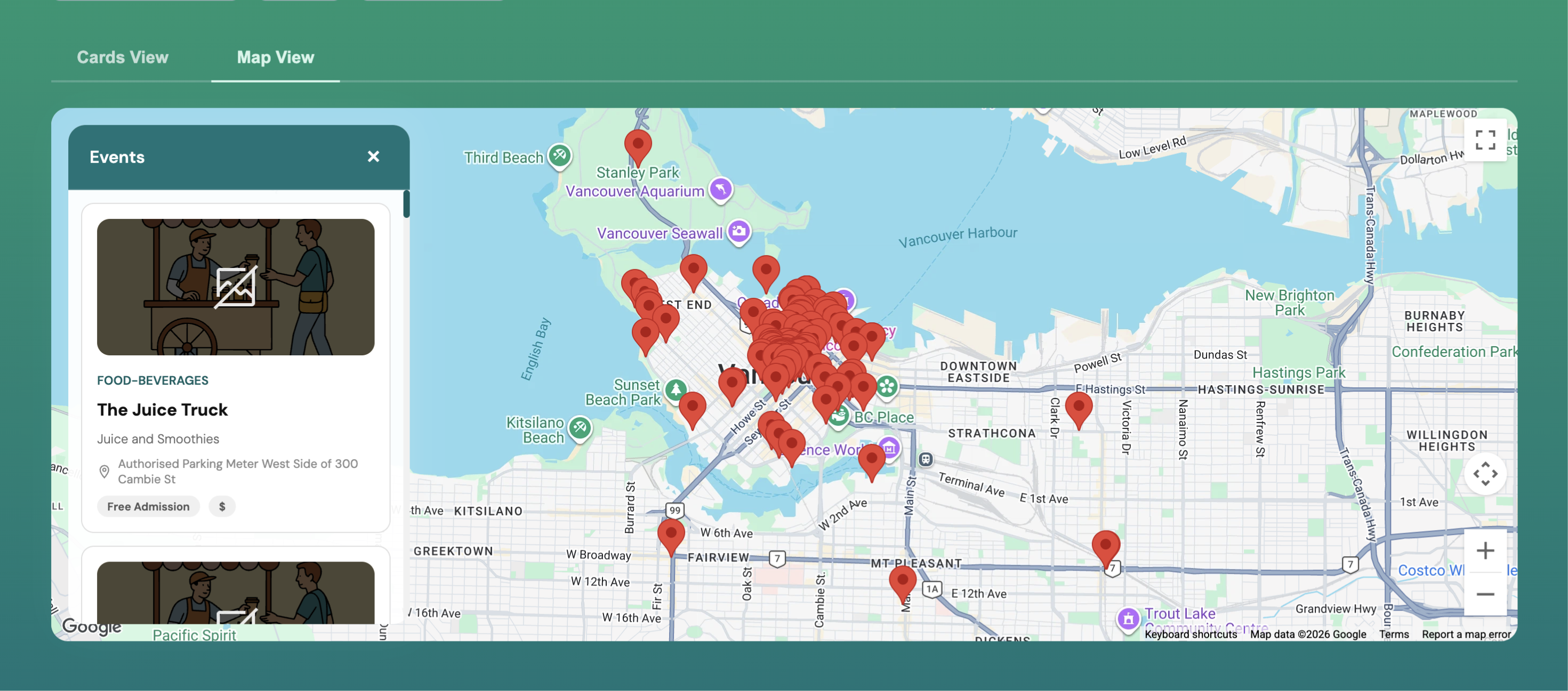 Map view with listings pinned on a map of Vancouver